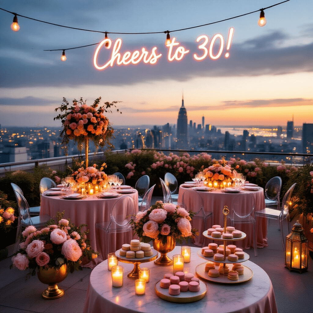 Overhead view of an intimate rooftop birthday soirée at dusk, featuring blush silk-draped round tables with ghost chairs, gold compotes filled with peonies and garden roses, fairy lights, lanterns, a dessert cart with macarons and petit fours, champagne flutes, and a neon sign that reads 'Cheers to 30!'.