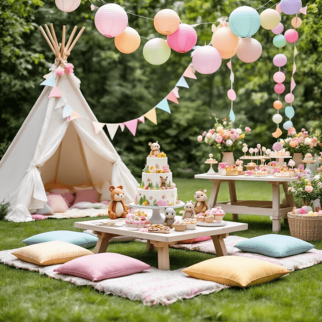 A colorful picnic setup for a child's birthday party in a lush garden, featuring low tables, floor cushions, teepee tents with sheer fabrics, a dessert table with a tiered woodland-themed cake and toadstool cake pops, paper lanterns, pastel balloon garlands, and a DIY flower crown station with fresh blooms and ribbons.