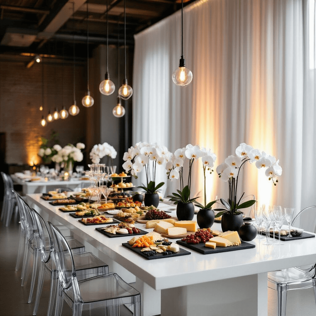 Luxe minimalist adult birthday celebration in a modern loft featuring white dining tables with ghost chairs, white orchid arrangements, sheer drapery, pendant lights, a grazing table with artisanal cheeses and charcuterie on slate boards, and a champagne tower with crystal decanters.