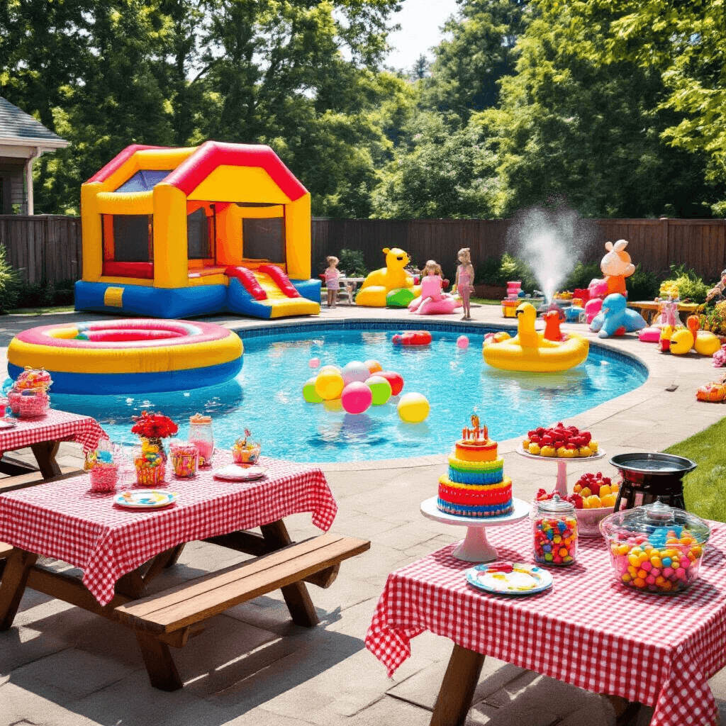 A vibrant backyard birthday party for kids featuring a bounce house, giant lawn games, red gingham picnic tables, a sparkling pool with floating balloons and inflatable animals, a colorful dessert station, and a face painting area, all under the warm sun.