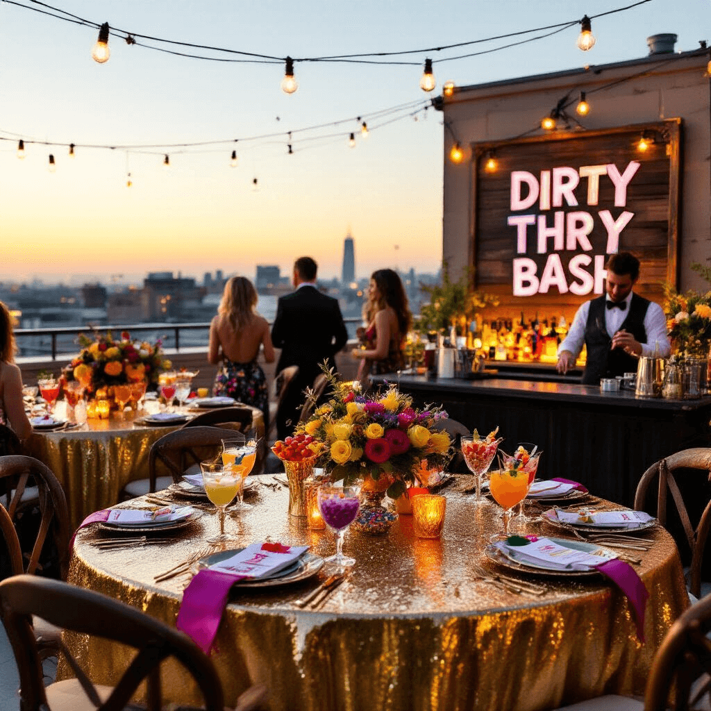 A vibrant rooftop terrace party for a 'Dirty Thirty Bash' at golden hour, featuring gold-draped tables with candy-filled cocktail glasses, a naughty birthday sash on an ornate chair, a rustic photo display, and guests in sequins and bold colors, with fairy lights and a bartender crafting drinks.
