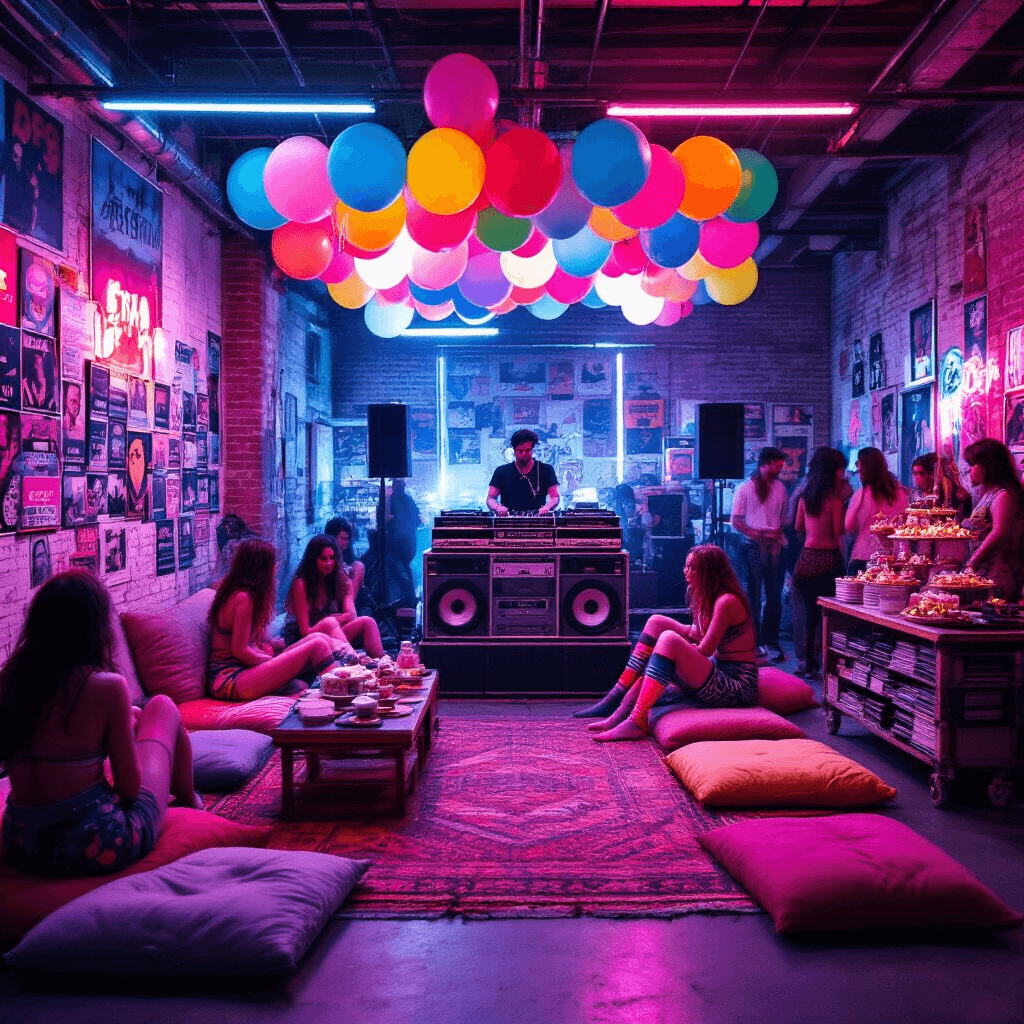 A vibrant retro party scene in a converted warehouse, featuring neon lighting, vintage posters, plush floor cushions, a DJ booth with a boom box, guests in 80s and 90s attire, a dessert cart with nostalgic treats, and a photo booth with era-specific props.
