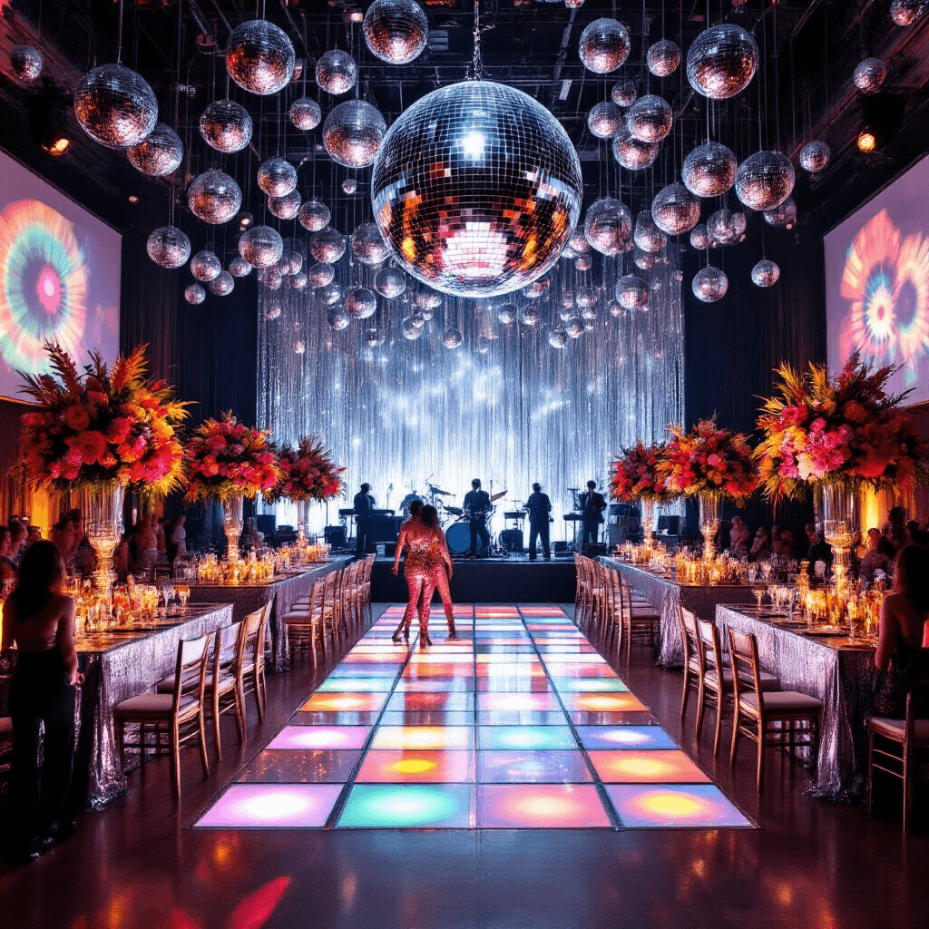 A vibrant disco-themed ballroom filled with guests in sequined outfits dancing on a light-up floor, under a massive disco ball and surrounded by colorful floral arrangements and retro bars.