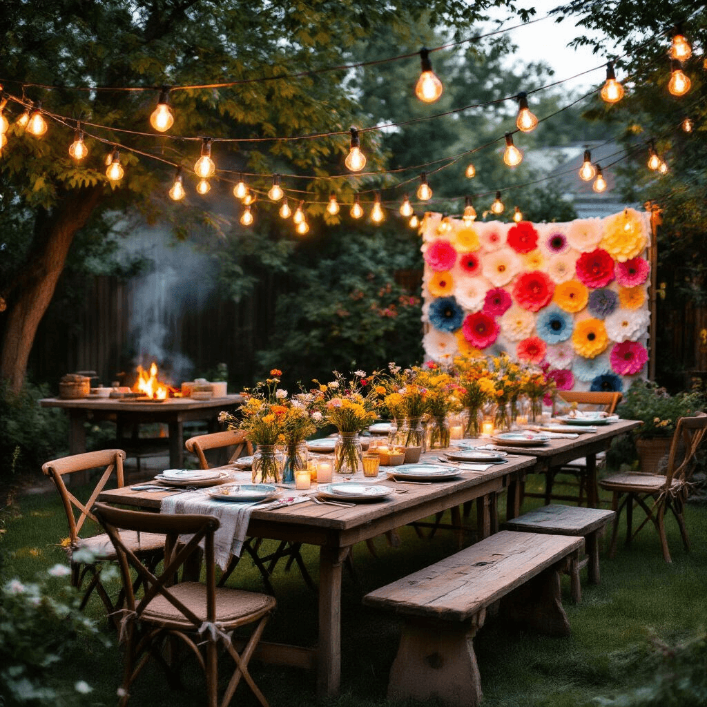 A cozy backyard celebration at twilight, featuring mismatched vintage tables with eclectic china, mason jar wildflower centerpieces, and Edison bulb lighting. A handmade photo backdrop of ombré crepe paper flowers stands nearby, while a potluck feast is arranged on rustic wooden boards. Lawn games and a fire pit enhance the festive atmosphere, complemented by handwritten chalkboard signs.