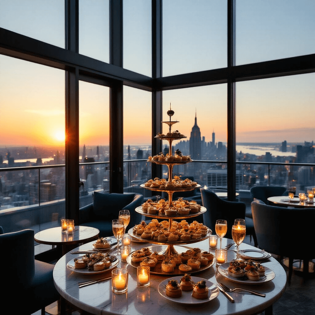 An elegant rooftop bar featuring a glamorous 30th soirée at sunset, with floor-to-ceiling windows showcasing a cityscape, modern jewel-toned furniture, a champagne tower, gourmet hors d'oeuvres, floating candles, and a live jazz quartet performing.