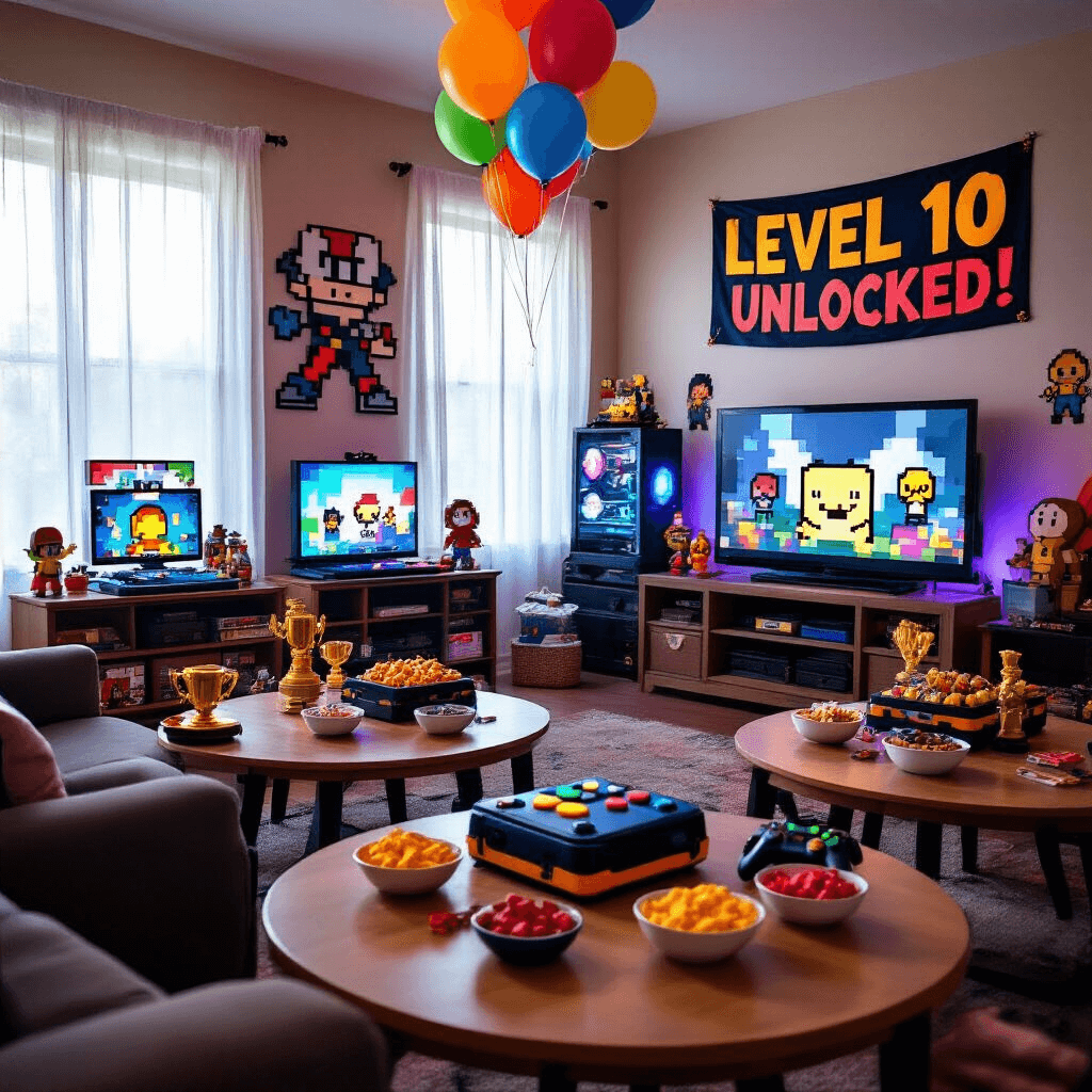 A vibrant gaming-themed birthday party for a 10-year-old in a cozy living room with multiple gaming stations, a large flatscreen TV surrounded by pixel art decorations, and colorful LED-lit consoles. Round tables with game controller centerpieces and bowls of snacks, a 'Level 10 Unlocked!' banner overhead, bold primary color balloons, and a giant game controller-shaped birthday cake on a side table with mini trophies and gaming memorabilia.