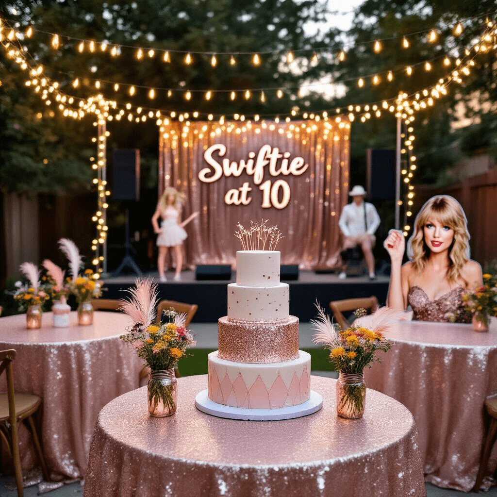 A stylish backyard birthday celebration for a 10-year-old, inspired by Taylor Swift, featuring a small stage with a glittering backdrop reading 'Swiftie at 10', warm fairy lights overhead, sequined blush tablecloths, wildflower centerpieces, a DIY photo booth with a Taylor cutout, and a tiered cake decorated with edible guitar picks and musical notes.