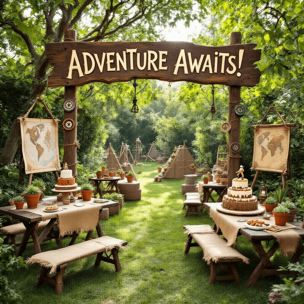 An adventurous outdoor birthday party for a 10-year-old in a lush garden, featuring a rustic wooden sign that reads 'Adventure Awaits!', an intricate obstacle course, explorer-themed stations with vintage maps and compasses, picnic-style seating with burlap runners, a dessert cart with a mountain cake, and a scavenger hunt board with clues on parchment-style paper.