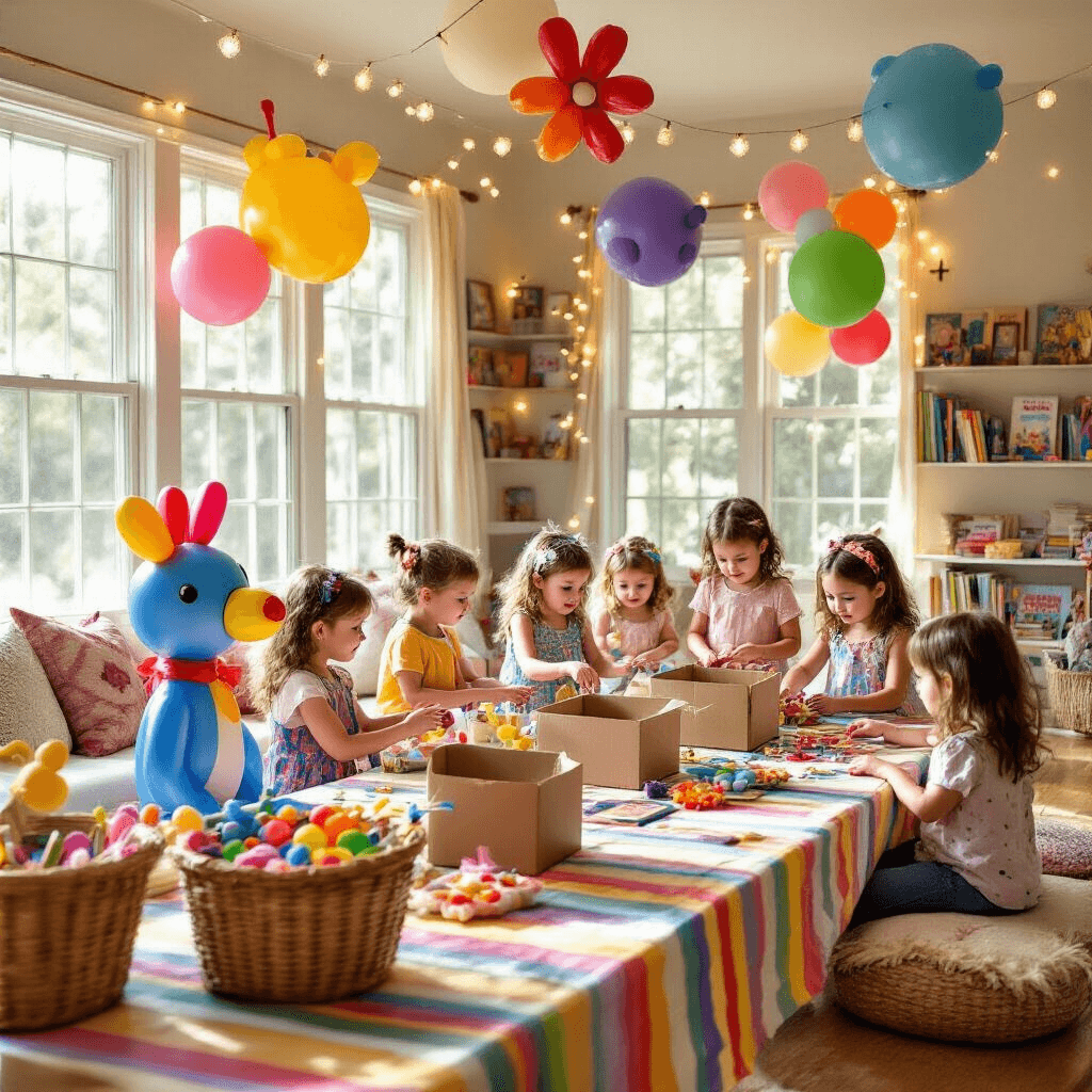 A sunlit living room filled with children celebrating a whimsical parade-themed party, featuring oversized balloon animals, a rainbow-striped table with a DIY puppet-making station, colorful crafting supplies, and children assembling cardboard parade floats under twinkling fairy lights, with a cozy reading nook in the background.