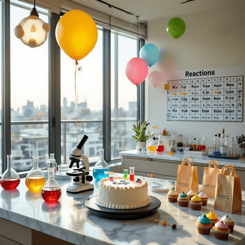 A whimsical science-themed birthday party for a 10-year-old in a modern apartment with marble workstations, microscopes, and colorful liquids; helium molecule-shaped balloons float above, a periodic table backdrop decorates the wall, and a lab notebook cake is surrounded by element-themed cupcakes, while goodie bags resembling lab coats contain experiment kits.
