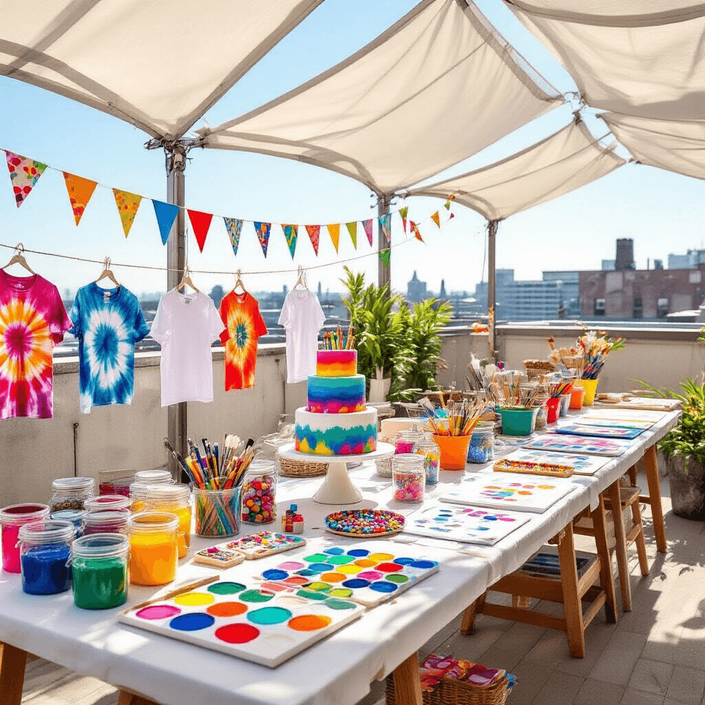 An artistic rooftop birthday celebration for a 10-year-old features bright canopies over various craft stations, including tie-dye, jewelry-making, and t-shirt design. A three-tiered cake shaped like a paint palette sits amidst paintbrush cookies, while colorful bunting and potted plants decorate the space.