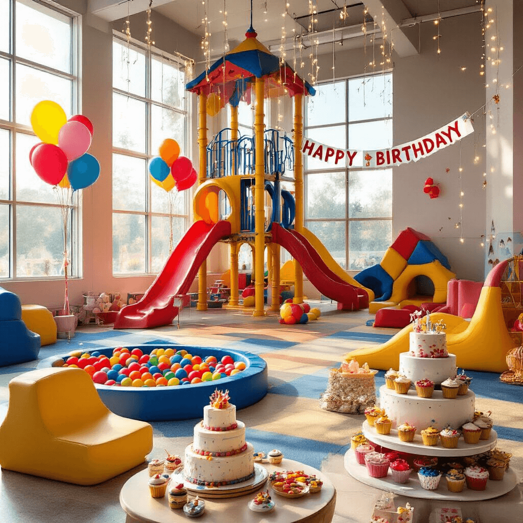 A vibrant indoor playground at Peek-a-Boo Factory filled with primary colors, featuring a towering jungle gym, a colorful ball pit, and a toddler area. Soft morning light floods the space, adorned with oversized balloons and fairy lights. In the foreground, a dessert cart showcases a tiered birthday cake, cupcakes, and party favors.