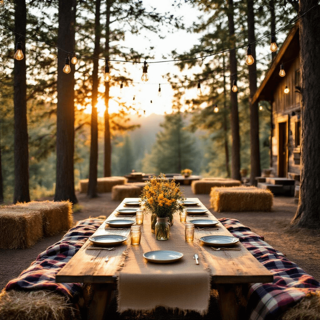 An outdoor adventure scene at Butter and Egg Adventures during golden hour, featuring a rustic wooden platform with a long farmhouse table adorned with wildflower centerpieces, burlap runner, and enamel plate settings. Surrounded by cozy hay bale seating with plaid blankets, illuminated by Edison bulbs strung between tall pine trees, with a zip line and climbing wall in the background, all in earthy tones of green, brown, and yellow.