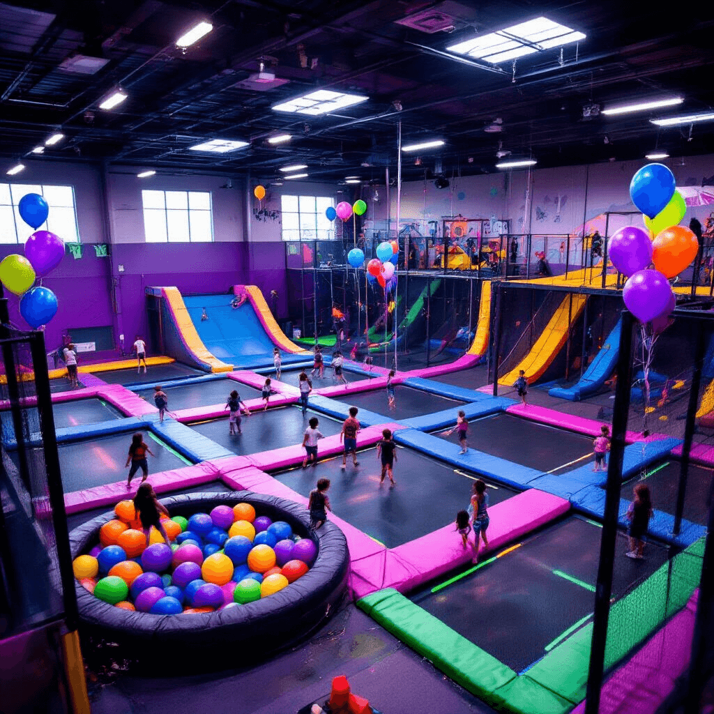 A vibrant birthday party at Urban Air Adventure Park, featuring children jumping on trampolines, surrounded by colorful LED lights, foam pits, and a rock climbing wall, with festive decorations and a modern party area in the corner.