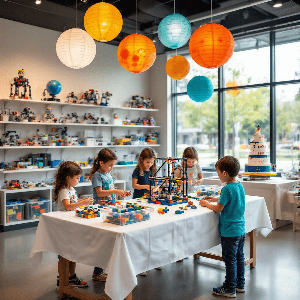 Children engaged in building LEGO structures at a bright, airy STEM-themed celebration in a Snapology venue, featuring colorful LEGO pieces, molecule and planet-shaped paper lanterns, and a dessert station with a circuit board cake.
