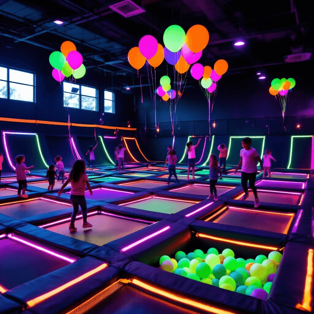 A vibrant birthday celebration at Sky Zone Trampoline Park during twilight, illuminated by black light with neon colors. Children bounce joyfully on glowing trampolines outlined with tape, while a foam pit glows ethereally in one corner. Clusters of glow-in-the-dark balloons float above, and tables with fluorescent tablecloths feature light-up partyware. A dramatic birthday cake with sparklers sits on a lit pedestal, captured in a dynamic fish-eye perspective.