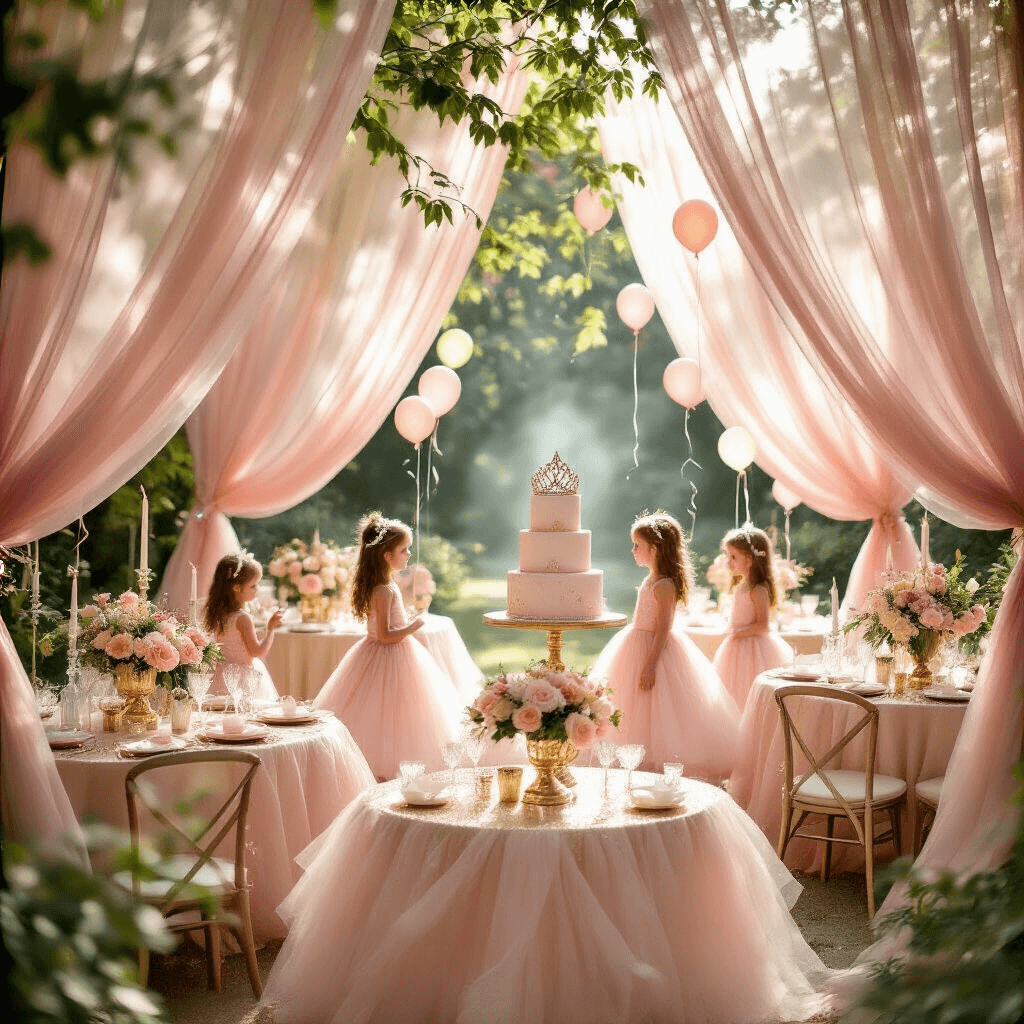A whimsical princess-themed birthday party in a sunlit garden, featuring pink and gold drapes, round tables with blush tulle and gold sequin runners, delicate flower centerpieces, a grand tiara-shaped cake, and children in sparkling dresses amidst balloons and ribbons, all under soft, dappled sunlight.