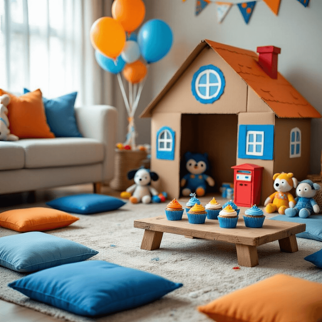 A cozy living room decorated for a Bluey-inspired birthday party, featuring a handmade cardboard 'Bluey's house,' colorful floor cushions, Bluey-themed cupcakes, stuffed toys, and balloons, all under warm lighting.