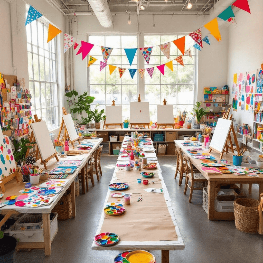 Overhead shot of a vibrant craft party in a modern studio, featuring colorful activity stations with paint, glitter, and paper, pint-sized easels with blank canvases, a long table with crayons and stickers, and children's artwork bunting across the ceiling, all illuminated by natural light.