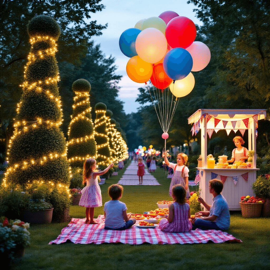 An enchanting outdoor garden party at dusk features towering topiaries wrapped in twinkling lights along a parade route, children with handmade balloon puppets, a vintage lemonade stand with bunting, oversize helium balloons of storybook characters, and families on colorful picnic blankets celebrating with treats.