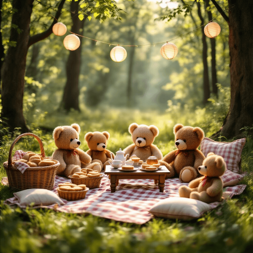 An enchanting teddy bear picnic in a sun-dappled forest clearing, featuring checkered blankets, wicker baskets filled with teddy-bear shaped sandwiches and honey pots, strings of paper lanterns, a vintage tea set on a low wooden table, plush cushions, and well-loved teddy bears, all bathed in warm golden hour light.