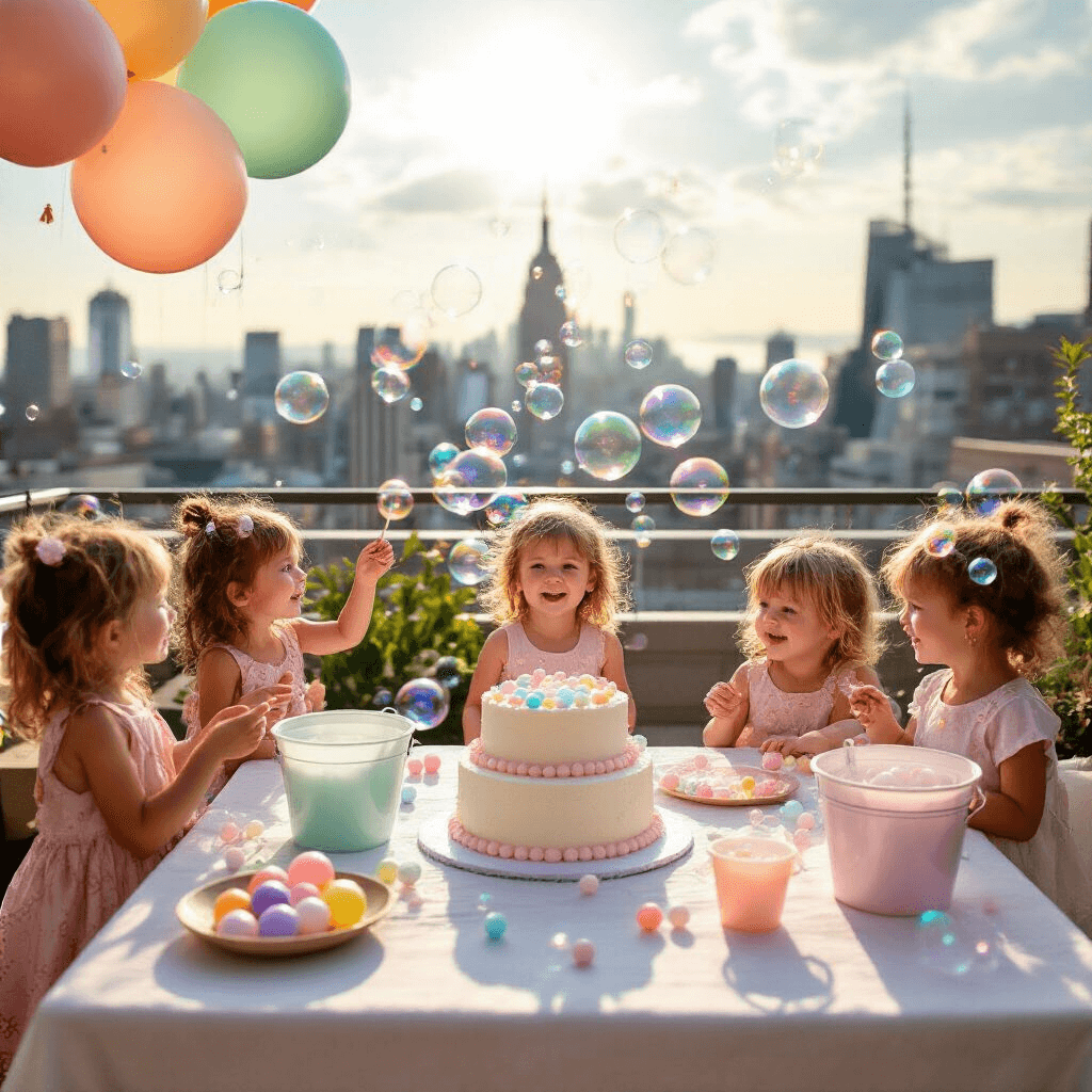 A vibrant rooftop terrace transformed into a bubble wonderland, featuring DIY bubble stations, clusters of pearlescent balloons, a simple bubble-themed cake on a white table, and children joyfully chasing bubbles in the late afternoon light.