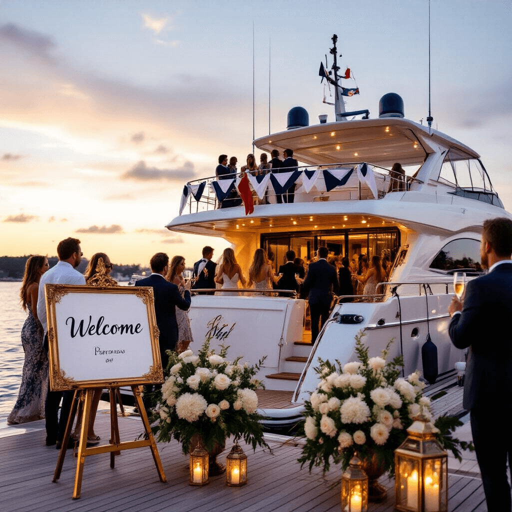 A luxurious yacht party at golden hour featuring an 80-foot white vessel adorned with string lights and banners, guests in cocktail attire on the upper deck, and an ornate welcome sign with white floral arrangements and lanterns in the foreground.