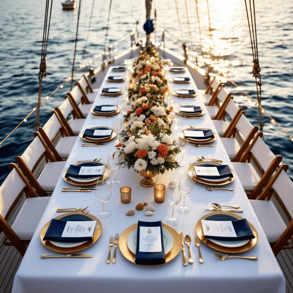 A beautifully arranged birthday dinner on a yacht's main deck, featuring a long table with white linen, gold chargers, navy napkins, and personalized name cards. Lush coral and white floral centerpieces are placed in mercury glass vases alongside vintage brass candleholders and seashells, illuminated by overhead fairy lights as the sun sets over the water.