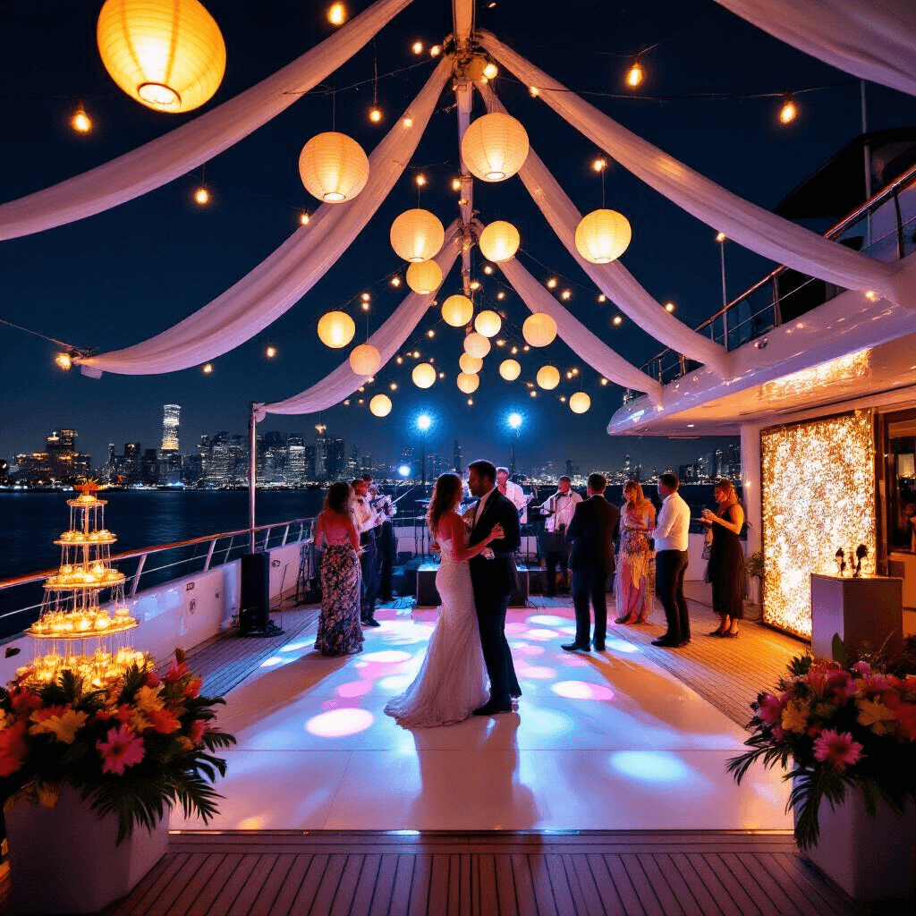 A vibrant yacht upper deck at night transformed into a dance floor, adorned with string lights and paper lanterns, featuring guests dancing to a live band, draped rails with sheer fabric, tropical flowers, a sparkling champagne tower, and a shimmering sequin photo booth, all against a twinkling city skyline.