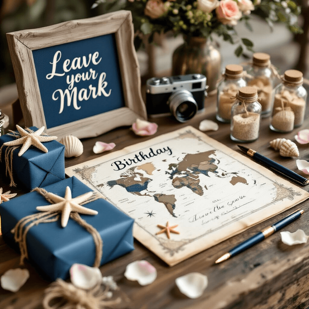 A flat-lay image of a birthday guest book and gift table featuring a vintage world map guest book, calligraphy pens, and a driftwood-framed 'Leave Your Mark' sign. Gifts wrapped in blue and gold are adorned with starfish and twine, while Polaroid cameras encourage guests to capture memories. Scattered rose petals and miniature glass bottles filled with sand and shells enhance the nautical-luxe theme.