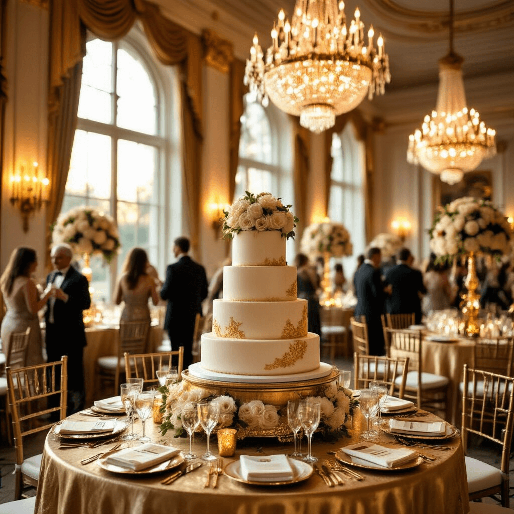 A lavish 70th birthday celebration in an opulent ballroom, featuring golden hour light, round tables with gold linens and floral centerpieces, crystal chandeliers, a grand cake with edible gold leaf, and elegantly dressed guests mingling in a spacious and beautifully adorned venue.