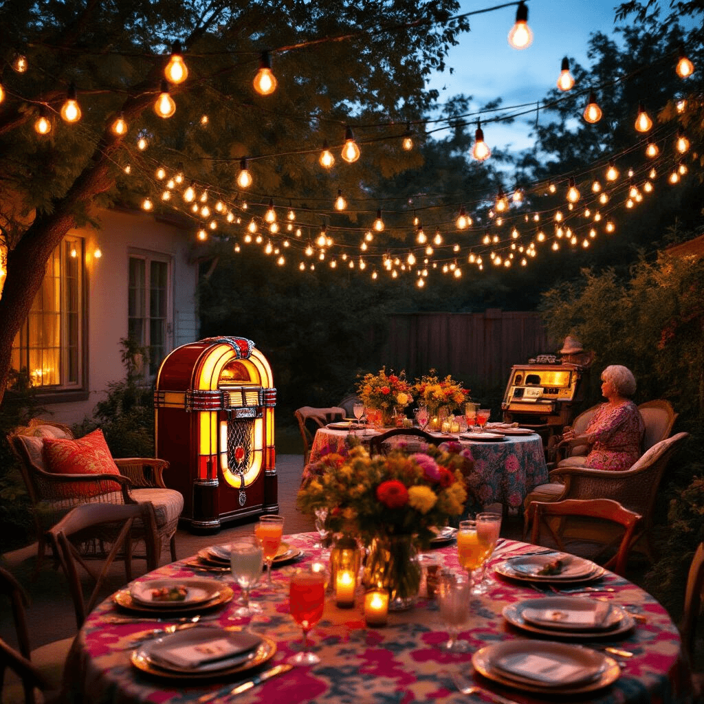An intimate retro-themed 70th birthday party in a backyard at dusk, with warm Edison bulbs overhead, mismatched vintage furniture, a 1950s jukebox, a DIY photo booth, vibrant table linens, milk glass vases of wildflowers, and guests in retro outfits enjoying colorful cocktails, all set against a twilight sky.