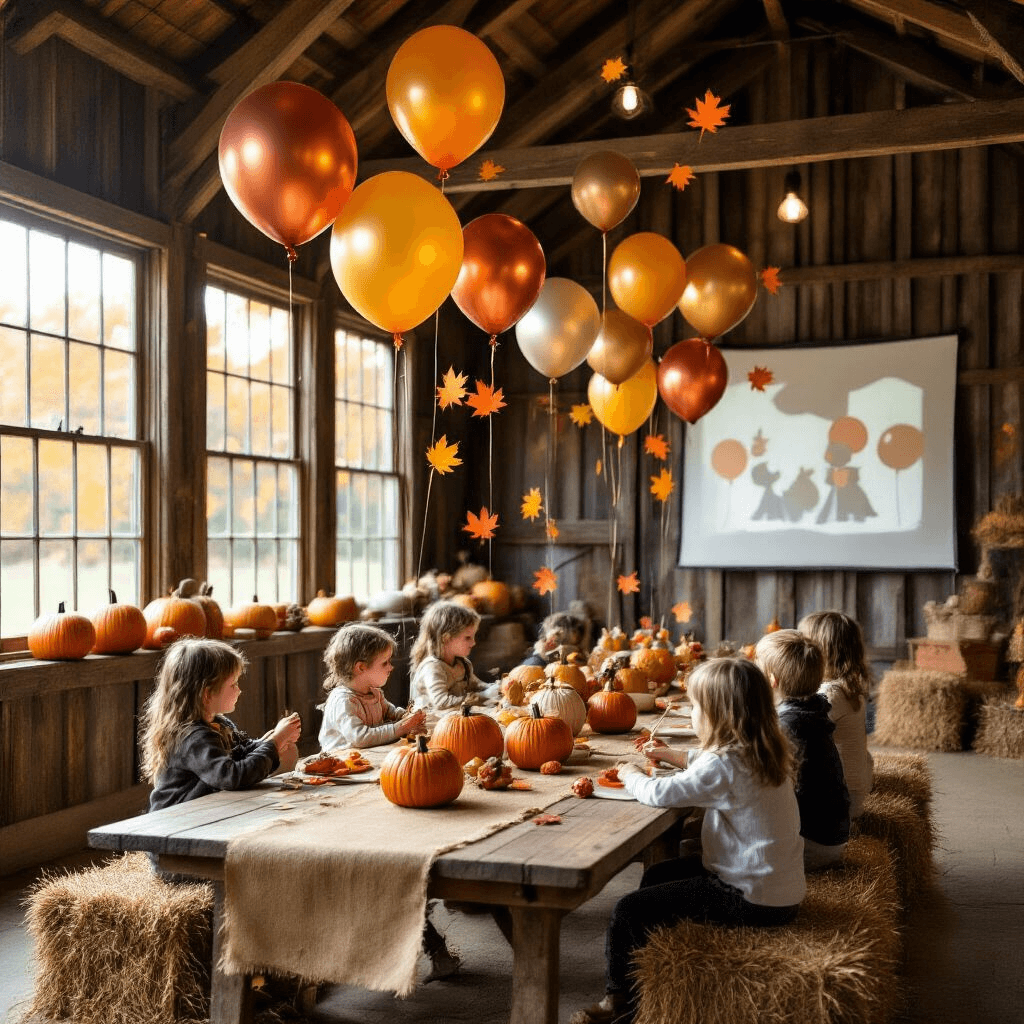A cozy autumn-themed celebration in a rustic barn with floating metallic balloons resembling falling leaves, decorated farm tables with burlap runners, pumpkins, and paper mâché balloon animals, children on hay bales crafting parade puppets, and black-and-white parade footage being projected onto a white sheet, all under warm lighting.