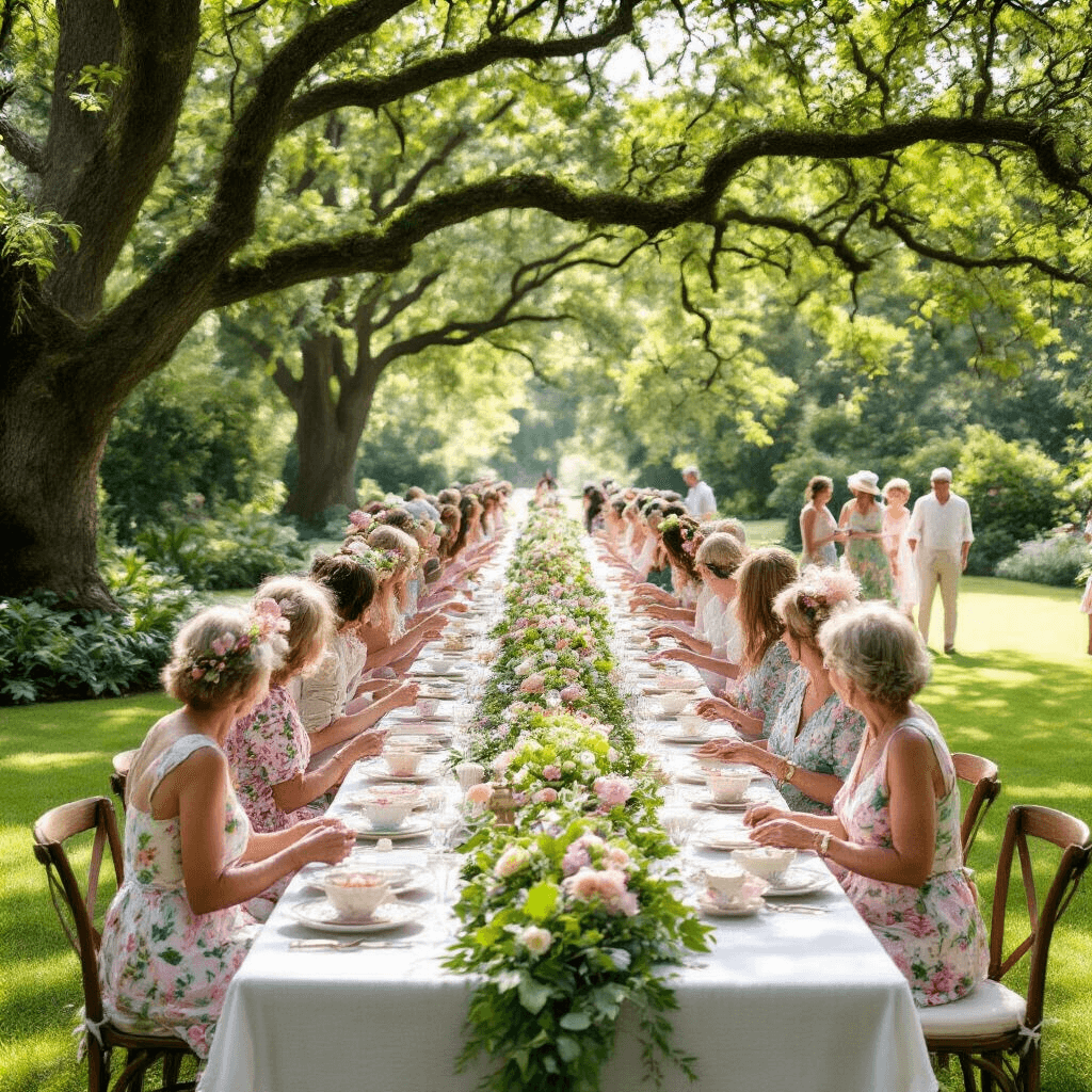 A whimsical 70th birthday garden party in a lush botanical garden, featuring a long farm table with white linen, pastel floral decorations, mismatched vintage china, and crystal glassware, surrounded by guests in floral dresses and linen suits, with a dessert cart and croquet game on the manicured lawn.