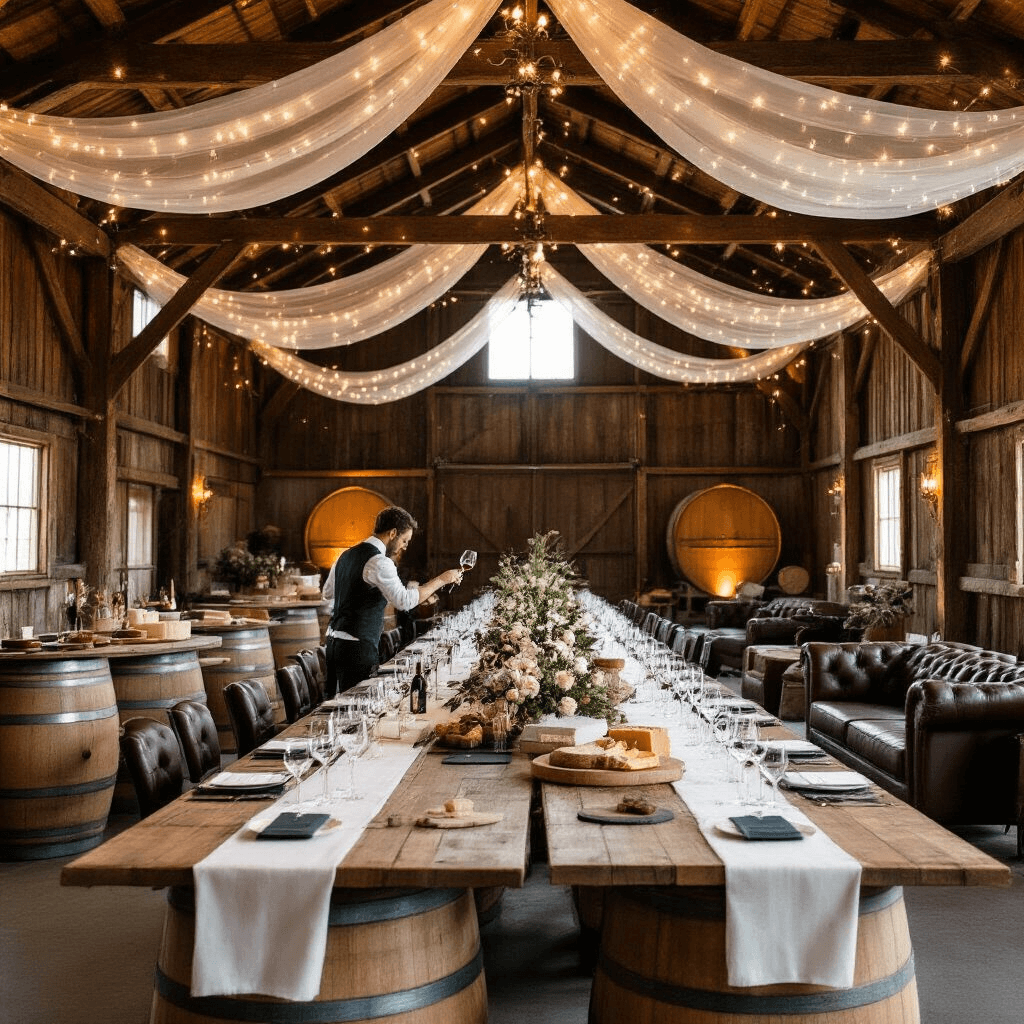 Elegant wine tasting birthday soirée in a rustic-chic barn with draped gossamer fabric and fairy lights, communal wooden tables set with crystal glasses and tasting notes, oversized wine barrels as cocktail tables, and a sommelier pouring wine near a grand cheese and charcuterie display, captured from a high angle.