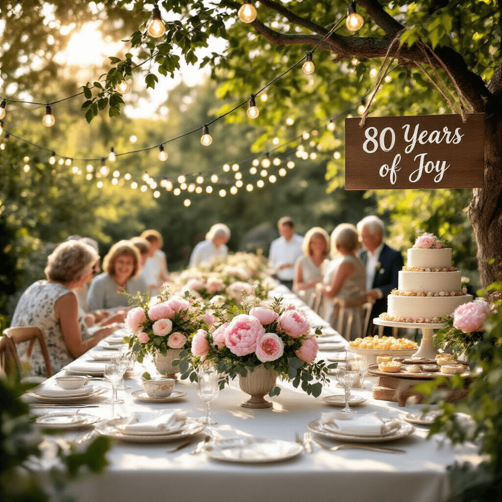 80th Birthday Party Ideas: Creating an Unforgettable Celebration of Life A sunlit outdoor garden party for an 80th birthday, featuring long tables with white linens and pink peony centerpieces, vintage china, string lights overhead, guests mingling near a dessert table with a tiered cake, and a wooden sign reading '80 Years of Joy' amidst wisteria.