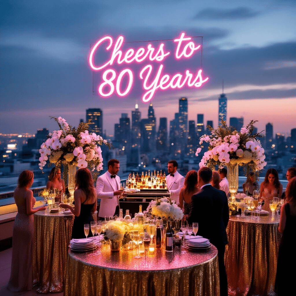 80th Birthday Party Ideas: Creating an Unforgettable Celebration of Life Overhead shot of a glamorous rooftop cocktail party celebrating 80 years, featuring high-top tables with gold sequin linens, tall floral arrangements, waiters serving champagne, a neon sign reading 'Cheers to 80 Years', and guests in cocktail attire mingling by a stylish bar cart.