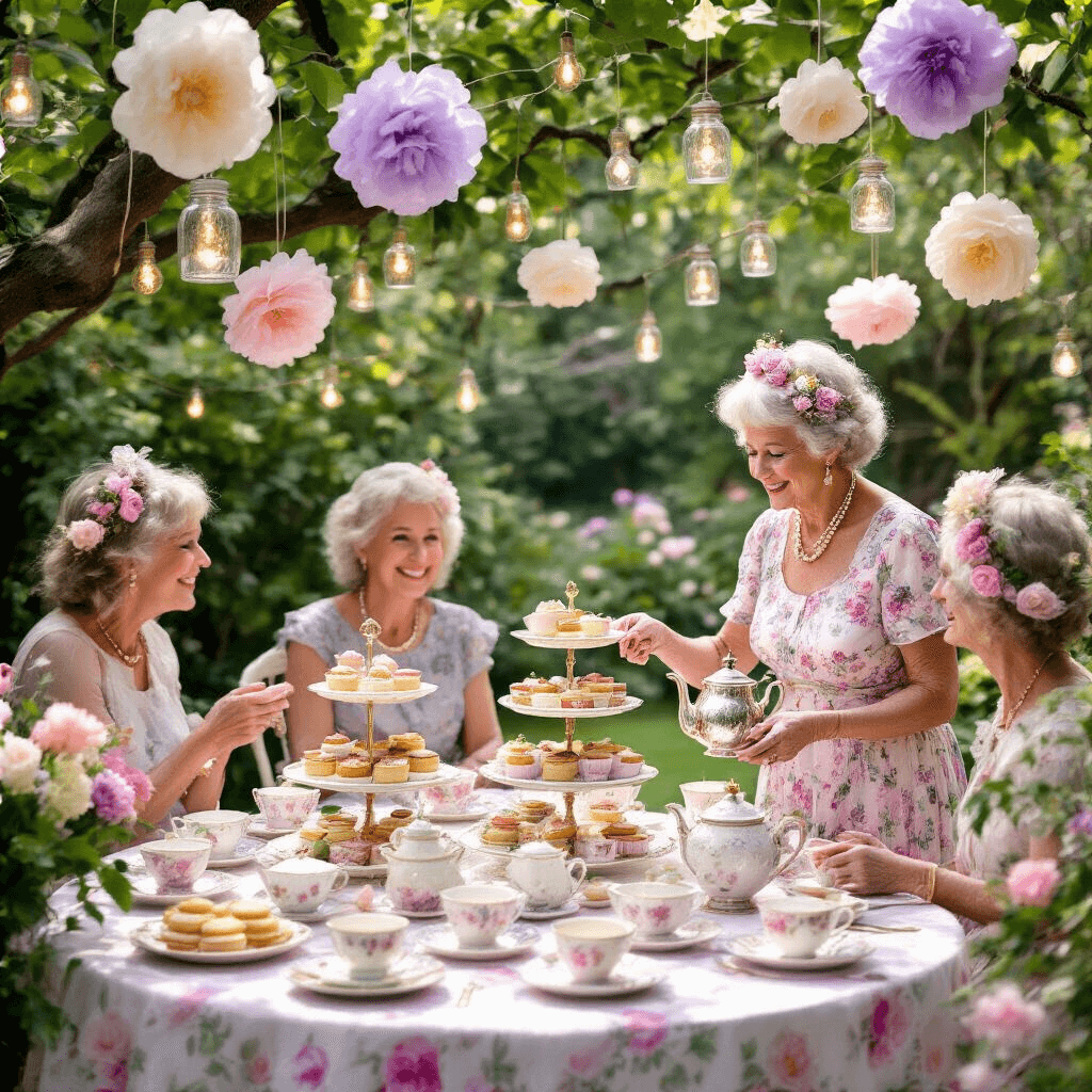 80th Birthday Party Ideas: Creating an Unforgettable Celebration of Life A whimsical garden tea party for an 80th birthday, featuring mismatched vintage teacups on pastel floral tablecloths, tiered cake stands with pastries, oversized paper flowers, and twinkling fairy lights in mason jars, with the guest of honor in a floral sundress pouring tea for smiling guests.