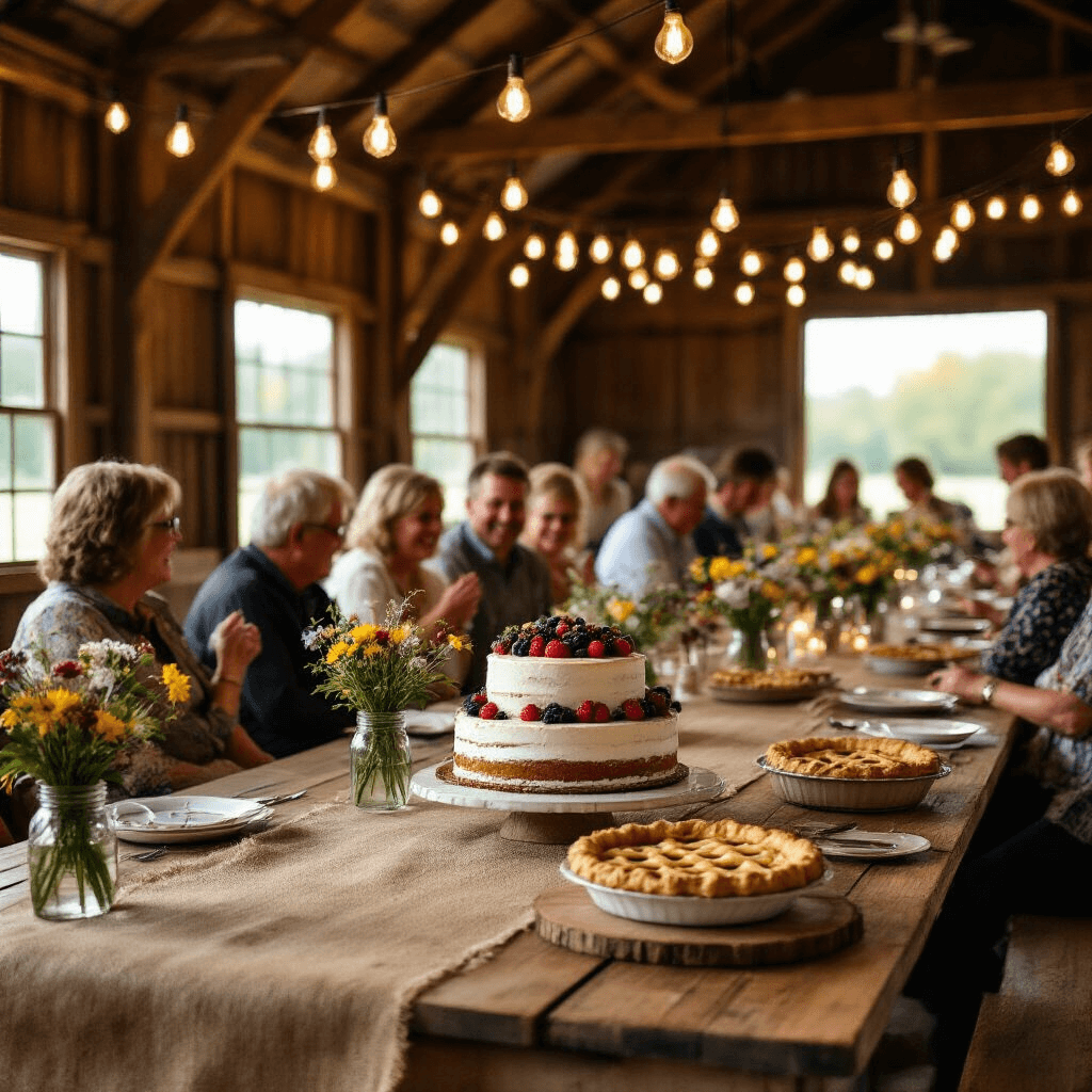 80th Birthday Party Ideas: Creating an Unforgettable Celebration of Life A cozy rustic barn venue for an 80th birthday celebration, featuring long farmhouse tables with burlap runners and wildflower centerpieces, soft Edison bulb lighting, a dessert table with a naked cake and homemade pies, and a photo display of cherished memories. Guests in casual attire are seen laughing and chatting in the warm atmosphere.