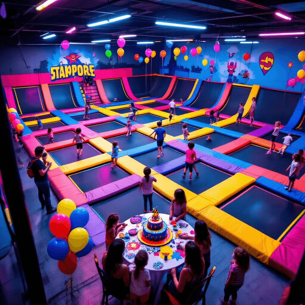 A vibrant indoor trampoline park birthday party, featuring joyful kids mid-bounce on colorful trampolines, a superhero-themed cake on a decorated table, and parents chatting nearby, all illuminated by neon lighting.