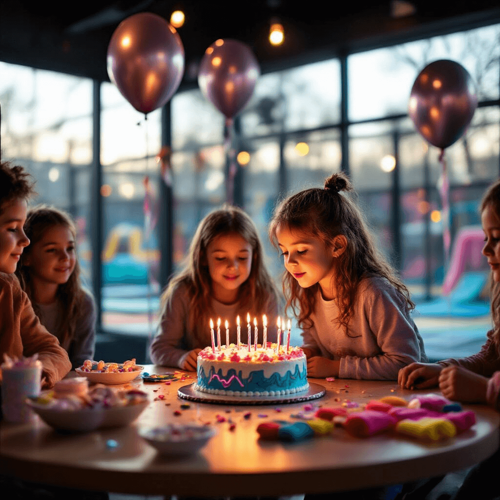 A birthday child blows out candles on a neon-themed cake during an intimate trampoline park celebration, surrounded by friends and family in a warmly lit private party room.