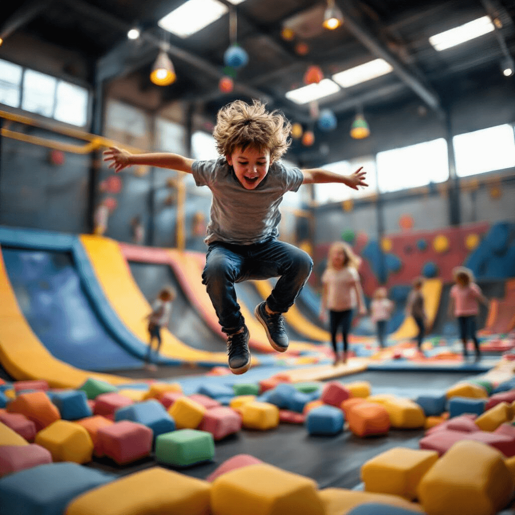 A child in mid-flip at a trampoline park birthday party, surrounded by colorful foam pits and climbing walls, with streams of natural light creating dramatic shadows. Other partygoers bounce and laugh in the background, capturing the energy and thrill of the celebration.