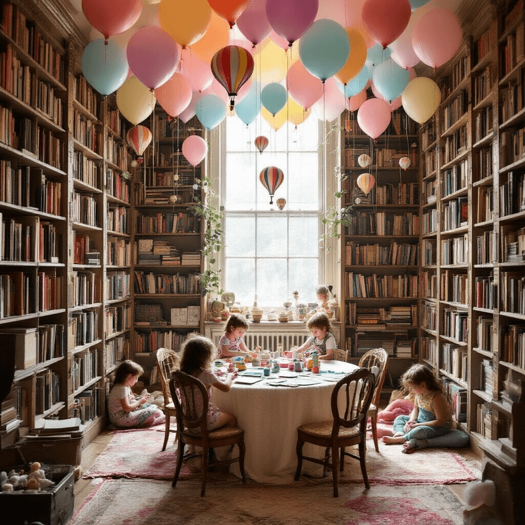 A dreamy library transforms into a whimsical wonderland with pastel balloons, vintage chairs around a circular table, craft supplies in card catalogs, and children engaged in puppet-making and storytelling, all illuminated by soft window light.