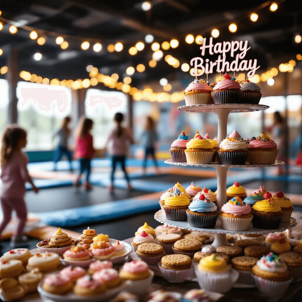 A vibrant dessert cart adorned with colorful cupcakes, cake pops, and cookies with custom birthday toppers, set against a trampoline park backdrop, where children bounce in soft focus, illuminated by warm LED string lights.