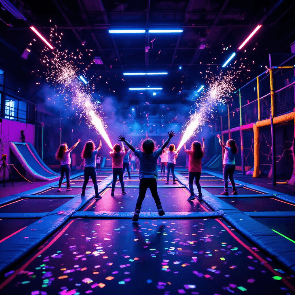 A vibrant scene of a trampoline park birthday celebration, featuring a coordinated jump routine with neon-painted children, glowing accessories, and confetti cannons, all illuminated by UV lights in a glowing wonderland setting.