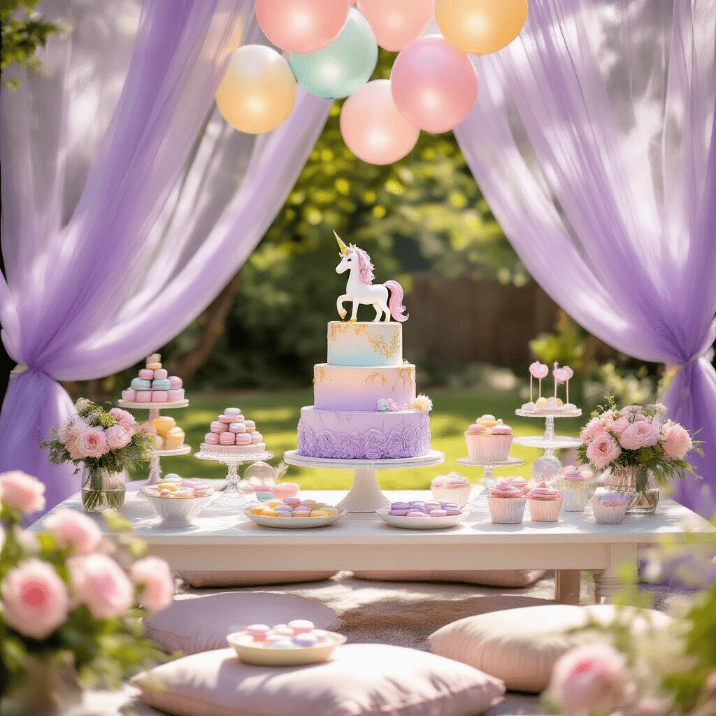 A whimsical unicorn-themed birthday party setup in a sunlit backyard, featuring a lavender tulle tent, a pastel tiered cake with a golden unicorn topper, rainbow macarons, sparkling cupcakes on crystal stands, and pearlescent balloons, with a cozy low table and plush cushions for young guests, surrounded by pink peonies and baby's breath.
