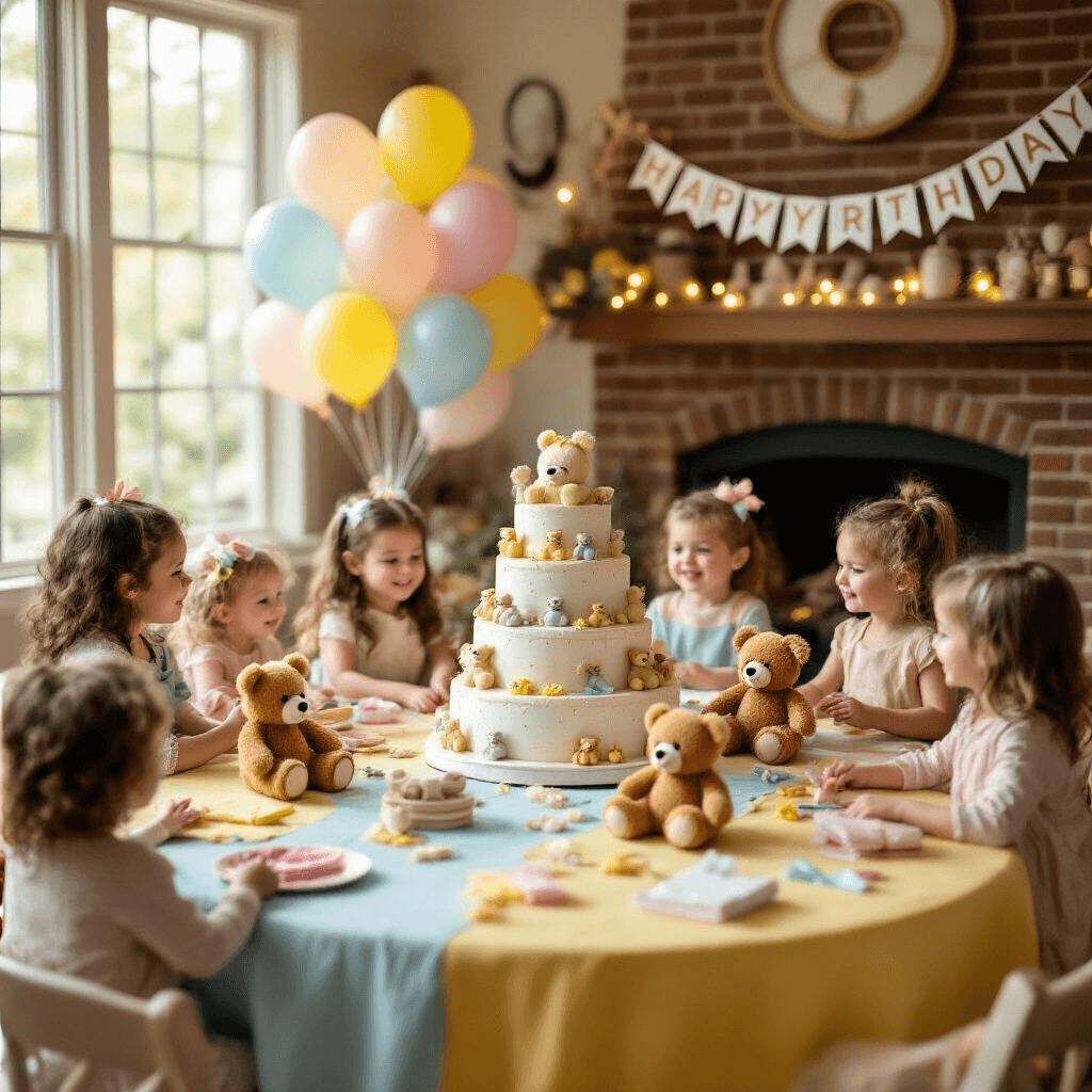 A cozy living room birthday party scene featuring children joyfully creating plush bears at pastel-decorated tables, a grand tiered cake adorned with teddy bears, twinkling fairy lights, and a 'Happy Bearthday' banner above a brick fireplace.