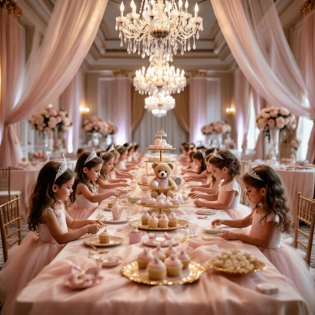 An elegant princess-themed Build-A-Bear party in a grand indoor ballroom, featuring crystal chandeliers, blush pink silk tables, ornate gold place settings, a dessert cart with tiara and glass slipper-shaped treats, and little girls in tulle dresses selecting outfits for their bears amid cascading floral arrangements.