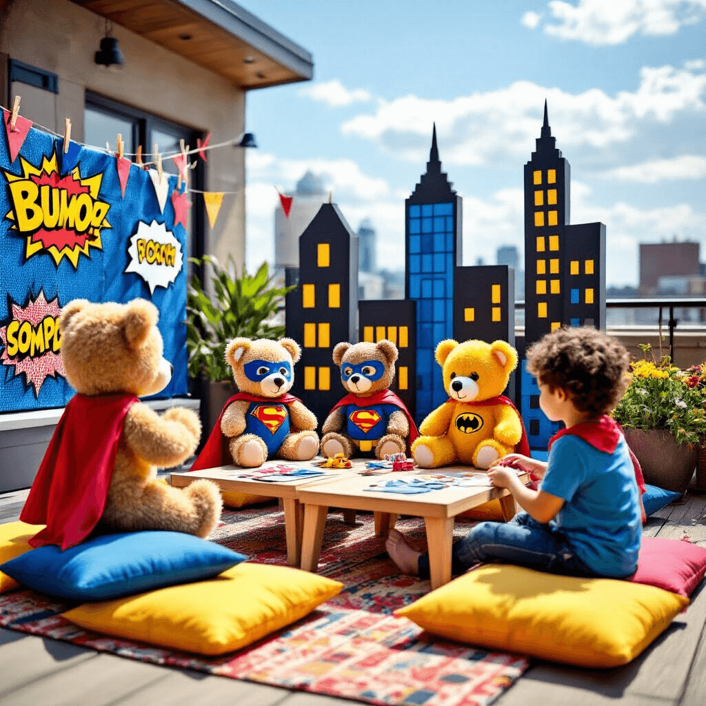 A vibrant rooftop terrace filled with young children creating stuffed bears at a superhero-themed Build-A-Bear bash, featuring comic book decorations, colorful cushions, and a large cardboard cityscape backdrop.