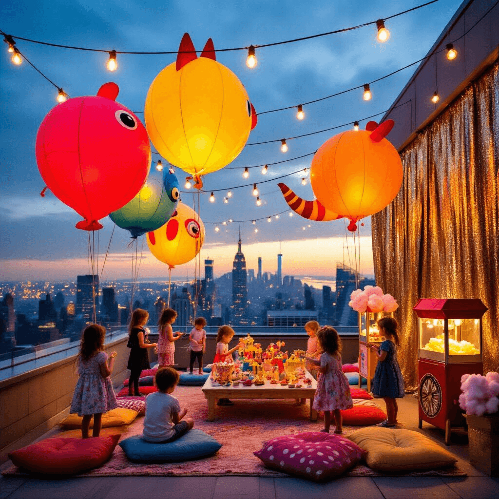 A vibrant rooftop party celebrating "Balloons Over Broadway" features oversized illuminated balloons against a twilight city skyline, with children crafting mini parade floats, string lights overhead, a backdrop of shimmering sequin curtains, and vintage popcorn and cotton candy stands, all enveloped in the magical glow of dusk.